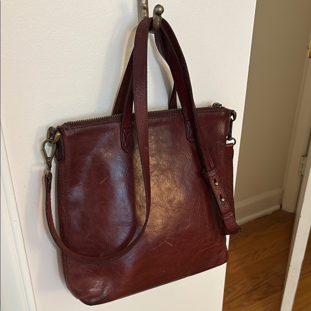 Madewell crossbody zip top transport tote mini purse deep red leather - Picture 4 of 12